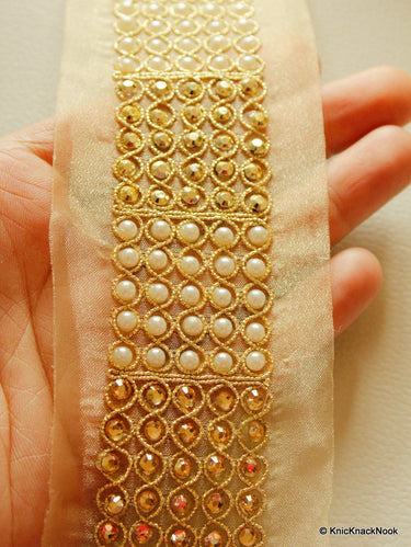 Copper Crystal And White Pearl Beads Gold Lace Trim, Approx. 60mm Wide
